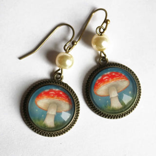Glass Cabochon Cottage Core Mushroom Earrings