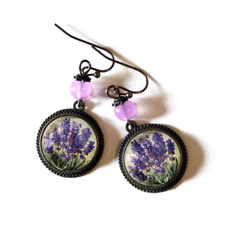 Glass Cabochon Lavender Earrings
