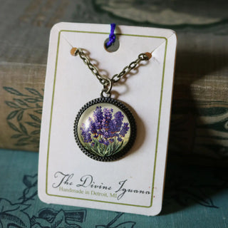 Glass Cabochon Lavender Flowers Pendant