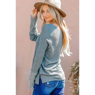 Waffle Knit Top with Lace Sleeves in Grey Sage