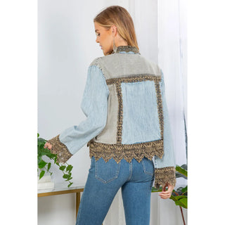 Ice Washed Cotton Shirt Jacket with Lace Trim