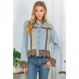 Ice Washed Cotton Shirt Jacket with Lace Trim