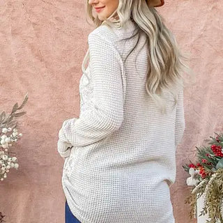 Waffle-Weave Side Lace Sweater in Ivory