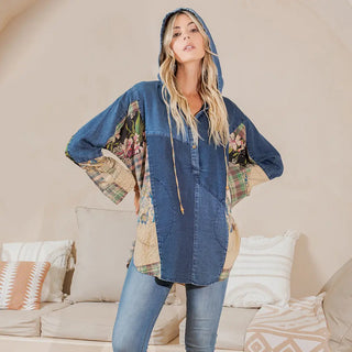 Hooded Denim Patchwork Top