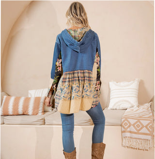 Hooded Denim Patchwork Top