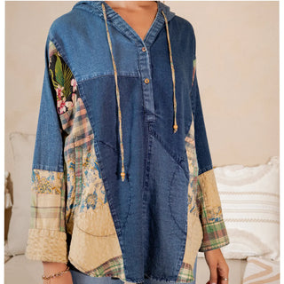 Hooded Denim Patchwork Top