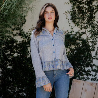 Cozy Knit Shirt Jacket with Ruffle Details